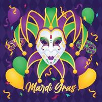 masque de joker isolé avec vecteur d'affiche de mardi gras de ballons