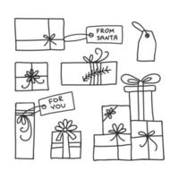 cadeaux de Noël avec étiquettes clipart. l'hiver présente un ensemble de vecteurs de doodle dessinés à la main. vecteur