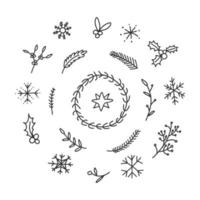 noël et hiver doodle plantes dessinées à la main, étoile, flocons de neige dans la décoration de couronne de cercle. vecteur