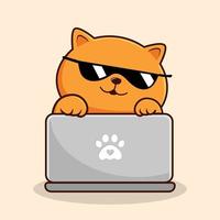 chat orange jouant au dessin animé sur ordinateur portable - vecteur de lunettes cool chat chatte orange