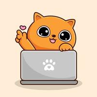 chat orange kawaii jouant à un dessin animé pour ordinateur portable - vecteur de main d'amour de chat chatte orange