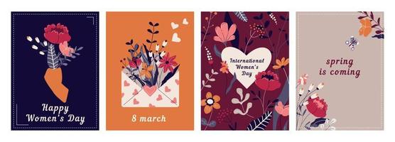 ensemble de cartes de voeux de bonne fête des femmes. cartes postales de vacances du 8 mars avec des fleurs de dessin animé de printemps, des cadeaux. modèles de floraison festive pour affiche, invitation, flyer. conception de vecteur