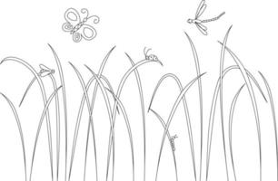 silhouettes d'herbe de champ à partir de lignes simples avec des insectes sur fond blanc. conception de logo, flyer, livre de marque vecteur