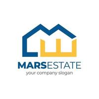 m logo immobilier avec icône de la maison et lettre e vecteur