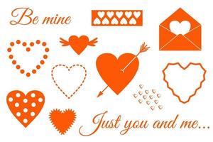 ensemble de coeurs pour la saint valentin. icônes du symbole de l'amour. coeur ailé, percé d'une flèche, sous enveloppe. illustration vectorielle. texte romantique. vecteur
