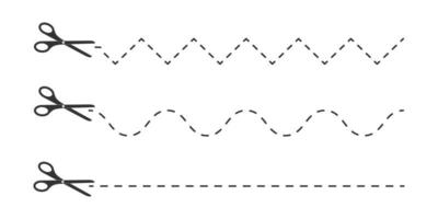 ensemble d'icônes de ciseaux avec zigzag pointillé, vague et lignes droites. couper ici le pictogramme pour les coupons, les bons, les étiquettes, les pages papier vecteur