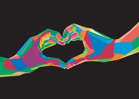 mains de symbole d'amour coloré dans un style pop art isolé sur fond noir vecteur