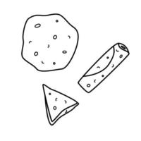 vecteur doodle set illustration de crêpes minces. une crêpe entière, une crêpe roulée en rouleau avec farce et un triangle plié.