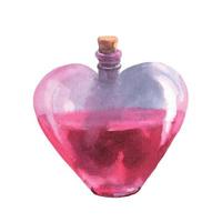 élixir de potion d'amour aquarelle en illustration de bouteille en verre en forme de coeur. élément de clipart flacon rose dessiné à la main isolé sur fond blanc. vecteur