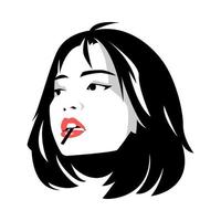 portrait pop art noir et blanc du visage d'une belle jeune fille avec une coiffure courte. sucette dans la bouche. monochrome. fond blanc isolé. illustration vectorielle. vecteur