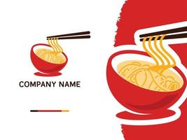 le bol de nouilles rouges avec modèle de conception de logo de baguettes, adapté à toute entreprise liée à la soupe, au magasin, au ramen, aux nouilles, aux restaurants de restauration rapide, à la cuisine coréenne, à la cuisine japonaise sur fond blanc. vecteur