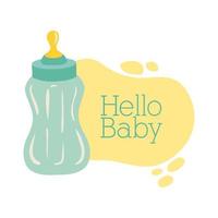 carte de douche de bébé avec bouteille de lait et bonjour lettrage de bébé, style de tirage à la main