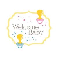 carte de cadre de douche de bébé avec sucettes et lettrage de bébé de bienvenue, style de tirage à la main vecteur