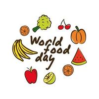 lettrage de célébration de la journée mondiale de la nourriture avec style plat de fruits et légumes vecteur