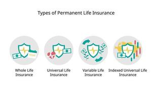 types d'assurance vie permanente pour l'assurance vie à valeur de rachat de l'assurance vie entière, de l'assurance vie universelle standard, de type variable et indexée vecteur