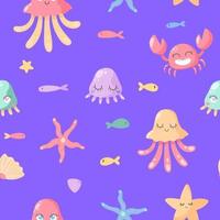 modèle sans couture dessiné à la main avec crabe, étoiles de mer, méduses et poissons. image vectorielle pour enfants papier tissu textile numérique vecteur