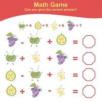 feuille de calcul mathématique de comptage de fruits. feuille de calcul de mathématiques pour le préscolaire. feuille de travail mathématique imprimable éducative. comptez et écrivez une activité de réponse pour les enfants. illustration vectorielle. vecteur