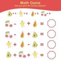 feuille de calcul mathématique de comptage de fruits. feuille de calcul de mathématiques pour le préscolaire. feuille de travail mathématique imprimable éducative. compter et écrire une activité de réponse pour les enfants. illustration vectorielle. vecteur