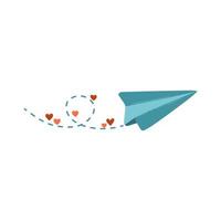 avion en papier volant avec trace d'air de vol et coeurs. message d'amour, conception de carte de voeux de saint valentin. vecteur