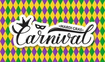 carnaval mardi gras lettrage à la main sur fond de motif arlequin coloré. affiche de célébration du mardi gras ou gras. modèle vectoriel pour bannière, dépliant, invitation à une fête de mascarade, etc.