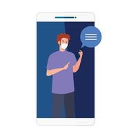 homme avec masque médical tenant la conception de vecteur smartphone et bulle