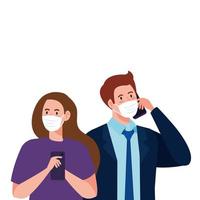 femme et homme avec des masques médicaux tenant la conception de vecteur de smartphone