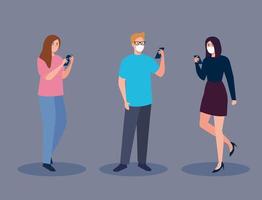 femmes et homme avec masque médical tenant la conception de vecteur de smartphone