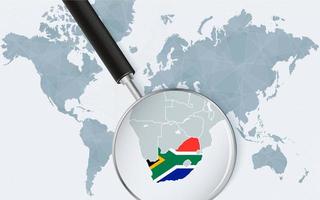 carte du monde avec une loupe pointant vers l'afrique du sud. carte de l'afrique du sud avec le drapeau dans la boucle. vecteur