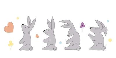 définir des lapins gris. différentes poses de lièvre. illustration de personnage de vecteur de lapin. fleurs de coeur, cercles