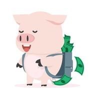 mignon petit cochon avec sac à dos plein d'argent vecteur
