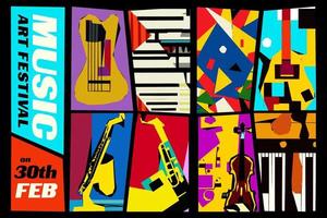 festival de musique et d'art. illustration vectorielle d'un ensemble d'arrière-plans abstraits de jazz avec des instruments de musique. guitare, piano, saxophone et violon. vecteur