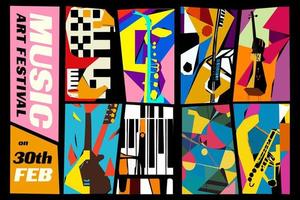 festival de musique et d'art. illustration vectorielle d'un ensemble d'arrière-plans abstraits de jazz avec des instruments de musique. guitare, piano, saxophone et violon. vecteur