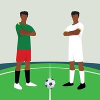 aperçu du match affichant deux footballeurs masculins dans une illustration vectorielle de terrain de football. cameroun contre ghana. vecteur