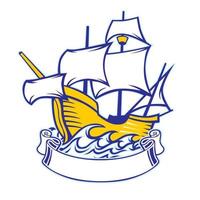 style de logo de mascotte de caravelle à voile avec bannière vierge vecteur