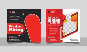 nous recrutons un modèle de bannière de poste vacant sur les réseaux sociaux avec une couleur rouge noire. conception de flyer carré de recrutement d'employés d'entreprise. vecteur