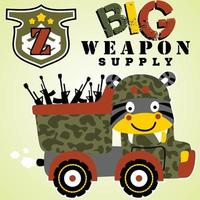zèbre mignon conduisant un camion militaire avec des armes, élément militaire, illustration de dessin animé vectoriel