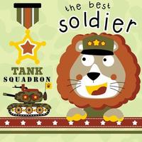 lion drôle en costume militaire avec véhicule blindé, éléments militaires, illustration de dessin animé vectoriel