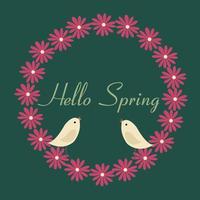 bannière avec fleurs et oiseaux. bonjour printemps, lettrage. illustration vectorielle sur fond vert vecteur