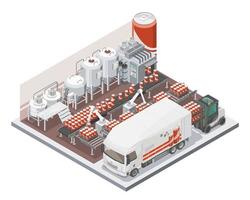 production de soda boisson gazeuse produire usine de cola rouge bras de robot usd avec camion logistique concept de l'industrie cpg biens de consommation emballés nourriture et boisson isométrique en illustration isolée de couleur bleue vecteur