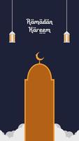 carte de voeux modèle vertical ramadan kareem sur fond bleu foncé avec lanternes islamiques et forme de dôme de mosquée avec croissant de lune vecteur