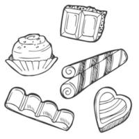 ensemble de dessin animé de doodle dessinés à la main de vecteur sommaire d'articles, d'objets et de symboles de thème de chocolat