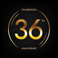 36e anniversaire. bannière de célébration d'anniversaire de trente-six ans de couleur dorée brillante. logo circulaire avec un design numérique élégant. vecteur