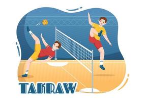 illustration de sepak takraw avec un athlète jouant au ballon sur le terrain dans une compétition de jeu de sport plat dessin animé dessiné à la main pour le modèle de page de destination vecteur