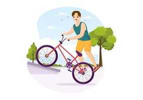 illustration de sport de vélo bmx avec des jeunes faisant du vélo pour une bannière web ou une page de destination dans un modèle de fond de dessin à la main de dessin animé plat vecteur