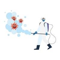 Homme avec combinaison de protection pulvérisant des dessins animés de virus covid 19 vector design