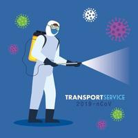 personne en tenue de protection pulvérisant un désinfectant pour le nettoyage et la désinfection covid 19, pour le nettoyage des transports, la prévention des coronavirus vecteur