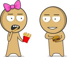 fille mangeant des frites, garçon tenant un hamburger vecteur