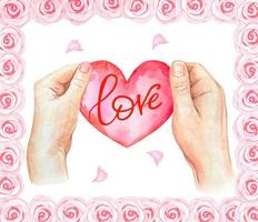 carte de saint valentin dessinée à la main. mains tenant un coeur. aquarelle vecteur