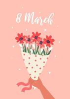 joyeuse journée de la femme. belle carte de voeux drôle avec un bouquet de fleurs à la main. jolie illustration vectorielle festive pour la célébration du 8 mars. vecteur