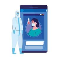 smartphone, femme portant un masque médical, prévention des applications coronavirus covid 19, personne en tenue de protection virale vecteur